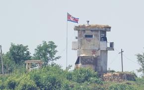 A soldier stands at a North Korean military guard post flying a national flag.