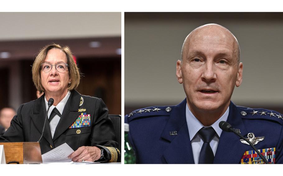 Navy Adm. Lisa Franchetti, left, and Air Force Gen. David Allvin. The nominations of Franchetti to be the next chief of naval operations and Allvin to become the next Air Force chief of staff were approved by the Senate Armed Services Committee on Wednesday, Sept. 27, 2023, and join more than 300 officers whose promotions are being blocked by Sen. Tommy Tuberville, R-Ala.