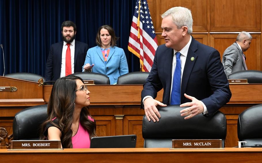 Rep. James Comer (R-Ky.), chairman of the House Oversight Committee, speaks to Rep. Lauren Boebert (R-Colo.).