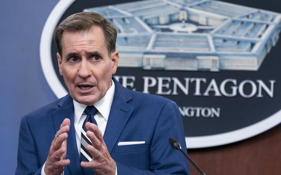 Pentagon spokesman John Kirby, speaks about the situation in Afghanistan during a briefing at the Pentagon in Washington, Tuesday, Aug. 24, 2021. 