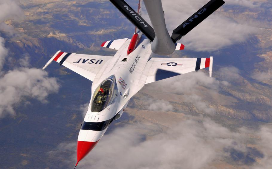 A KC-135 Stratotanker, from the 127th Wing Air Refueling Group, Selfridge Air National Guard Base, Mich., escorts the U.S. Air Force Thunderbirds F-16s from the 57th Wing, Nellis Air Force Base, Nev., to perform at the Selfridge Centennial Open House and Air Show on Aug. 17, 2017. The 2022 Selfridge Open House and Air Show is set for July 9-10.