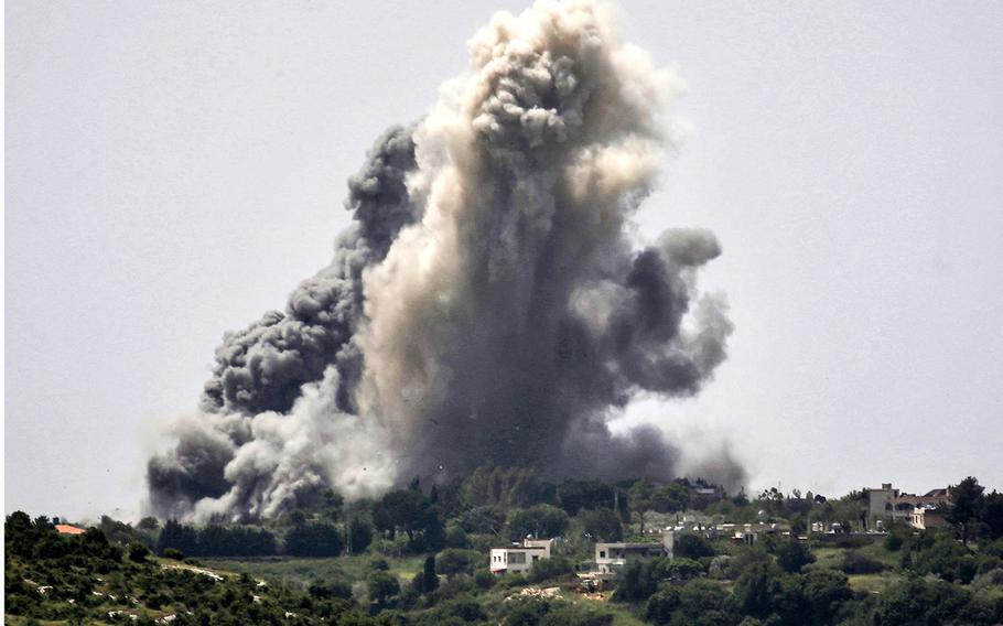 Smoke rises over the village of Alma al-Shaab in south Lebanon during an Israeli bombardment on April 25, 2024.