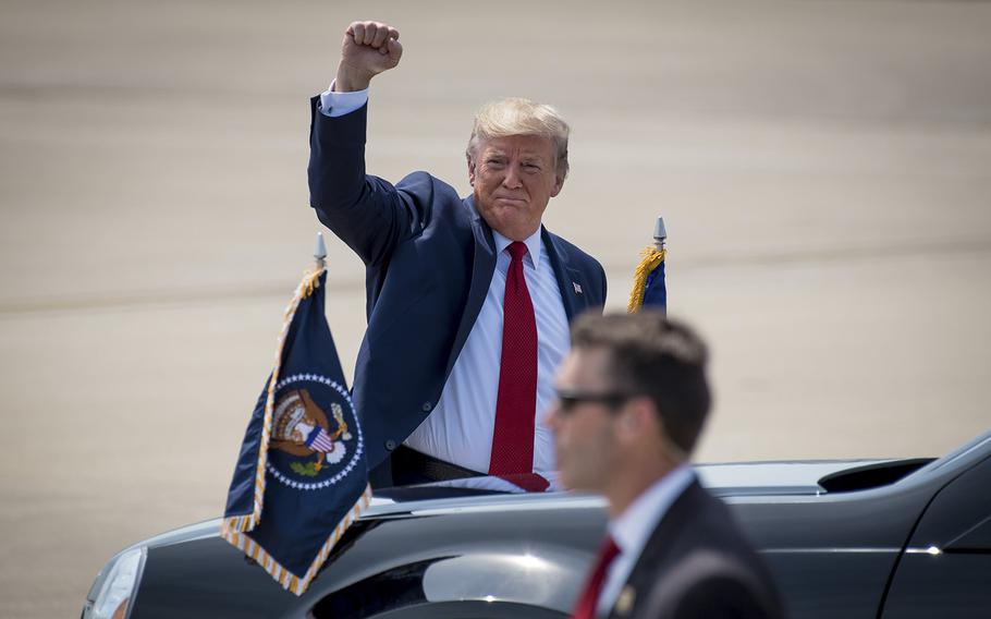 Then-President Donald Trump greets supporters as he arrives at the Kentucky Air National Guard Base in Louisville, Ky., Aug. 21, 2019. According to reports on Friday, March 17, 2023, YouTube has restored Trump’s account. 