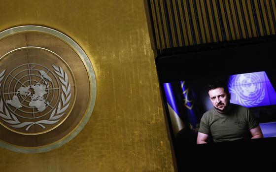 Ukrainian President Volodymyr Zelenskyy from video addresses the 77th session of the United Nations General Assembly, at U.N. headquarters, Wednesday, Sept. 21, 2022. The tide of international opinion appears to have decisively shifted against Russia, as a number of non-aligned countries joined the United States and its allies in condemning Russia’s war in Ukraine and its threats to the principles of the international rules-based order.  (AP Photo/Jason DeCrow)