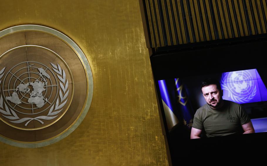 Ukrainian President Volodymyr Zelenskyy from video addresses the 77th session of the United Nations General Assembly, at U.N. headquarters, Wednesday, Sept. 21, 2022. The tide of international opinion appears to have decisively shifted against Russia, as a number of non-aligned countries joined the United States and its allies in condemning Russia’s war in Ukraine and its threats to the principles of the international rules-based order. (AP Photo/Jason DeCrow)