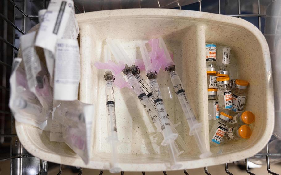 Syringes and vials of Naloxone are seen on Nov. 30, 2021, during a media tour of the supervised drug injection site OnPoint, in New York. 