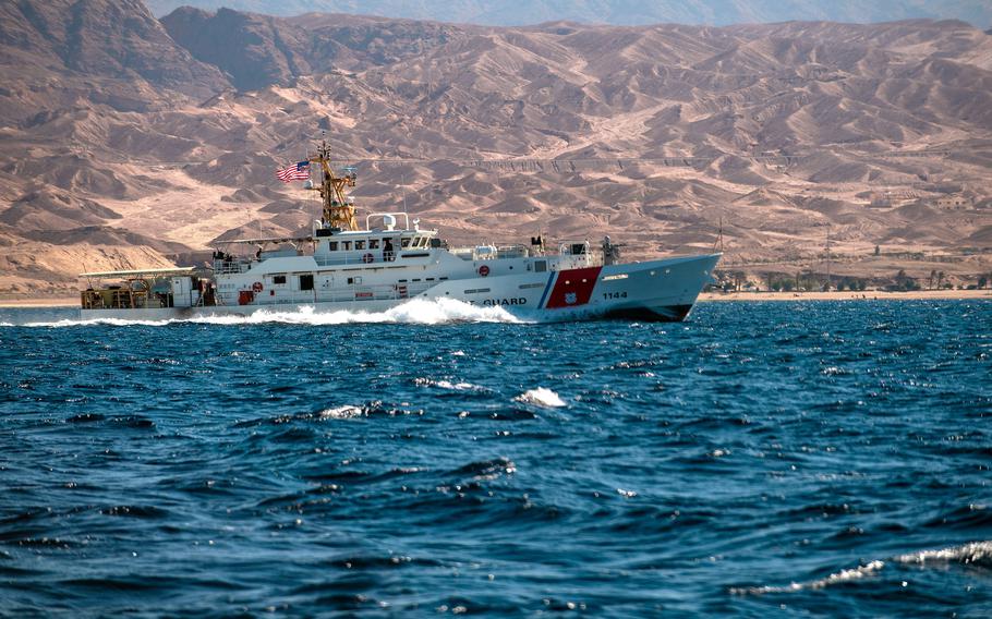 The USCGC Glen Harris sails in the Gulf of Aqaba during an exercise in February 2022. Personnel from the the cutter seized $11 million worth of heroin in the Gulf of Oman on May 31, 2022.  