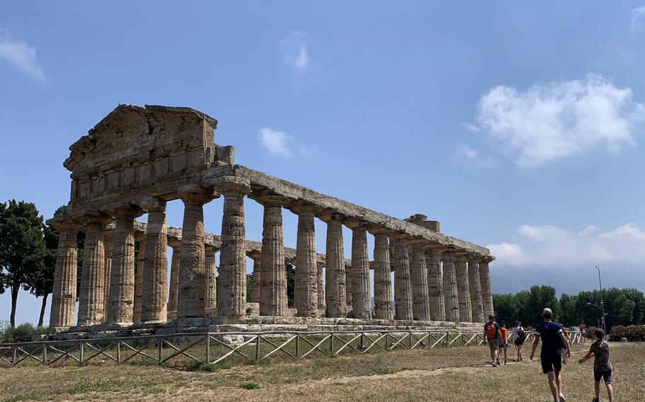 The Temple of Athena in Paestum, Italy was built around 500 BC.  Visitors can walk through the temple ruins but cannot enter. 