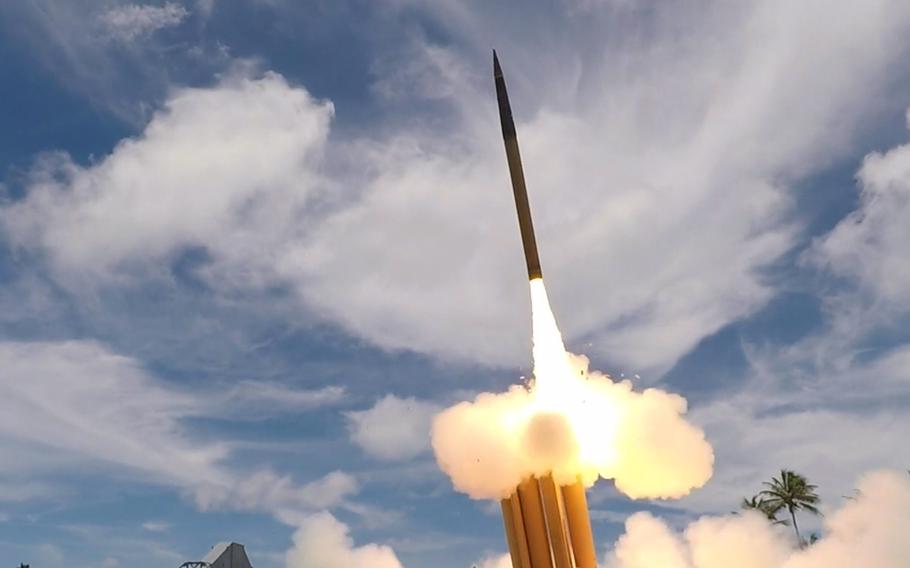 A Terminal High Altitude Area Defense, or THAAD, interceptor is launched from Kwajalein Atoll in the Marshall Islands during a test on Aug. 30, 2019.