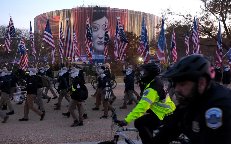 Members of the white-supremacist group Patriot Front march on the National Mall in Washington, D.C., on Dec. 4, 2021. 