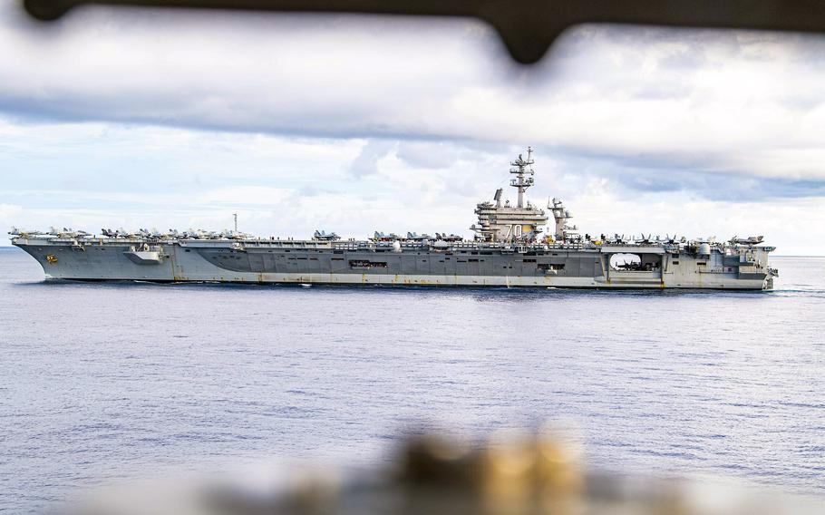 The aircraft carrier USS Carl Vinson sails in the South China Sea, Sept. 7, 2021.