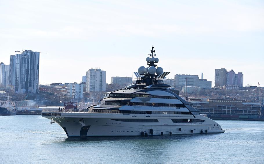 The 142-metre luxury yacht Nord, reportedly owned by Russian tycoon Alexei Mordashov, arrives in the far eastern city of Vladivostok, Russia, on March 31, 2022. 