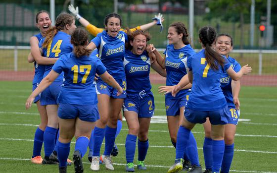 The Sigonella Jaguars celebrate their 3-1 win over AFNORTH in the girls Division III final at the DODEA-Europe soccer championships in Kaiserslautern, Germany, May 19, 2022. 