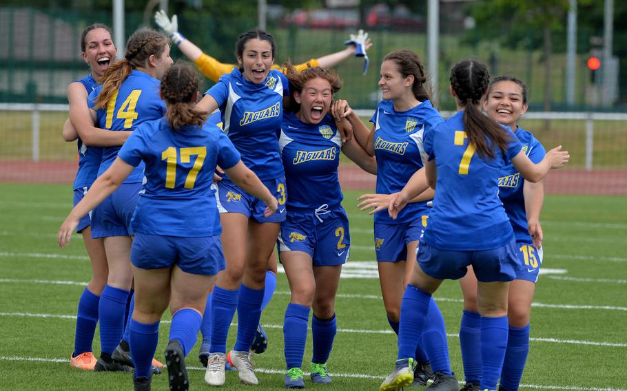 The Sigonella Jaguars celebrate their 3-1 win over AFNORTH in the girls Division III final at the DODEA-Europe soccer championships in Kaiserslautern, Germany, May 19, 2022. 