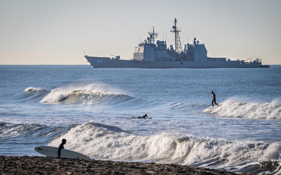 USS Princeton (CG 59) arrives at Naval Surface Warfare Center, Port Hueneme Division, as seen from Silver Strand Beach in Oxnard, Calif., in February 2023.