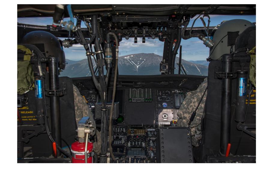 A Maine Army National Guard UH-60 approaching Mount Katahdin in Maine.