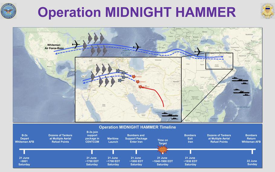 A graphic showing the timing and flights paths of the bombers leaving from Whiteman Air Force Base in Missouri.
