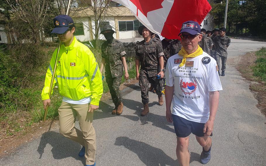Guy Black walks to commemorate the Battle of Kapyong with cadets from the South Korean military academy in Gapyeong, South Korea, April 21, 2023. 
