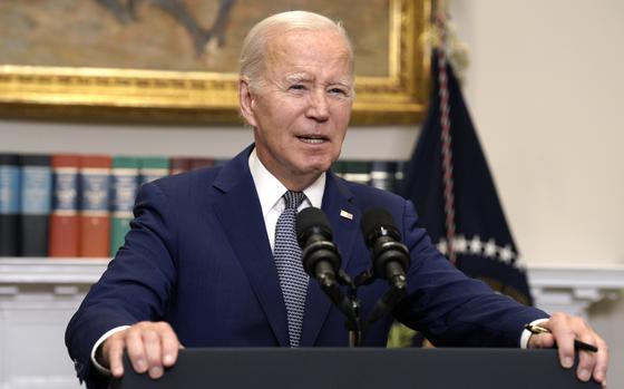 U.S. President Joe Biden discusses the Congressional stopgap government funding bill to avert an immediate government shutdown in the Roosevelt Room at the White House in Washington, D.C. on Sunday, Oct. 1, 2023.