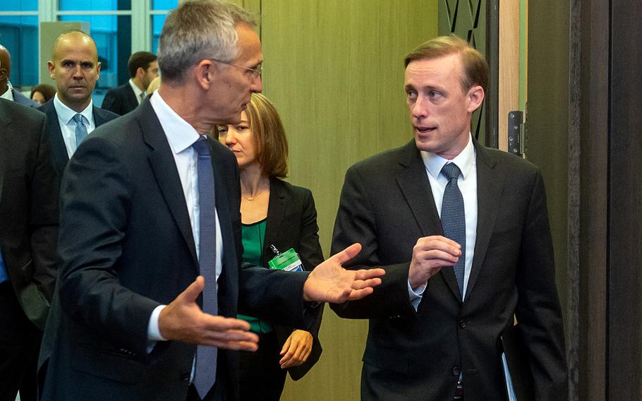 NATO Secretary-General Jens Stoltenberg with U.S. national security adviser Jake Sullivan, before a meeting with allied national security advisers at NATO headquarters in Brussels, Oct. 7, 2021.