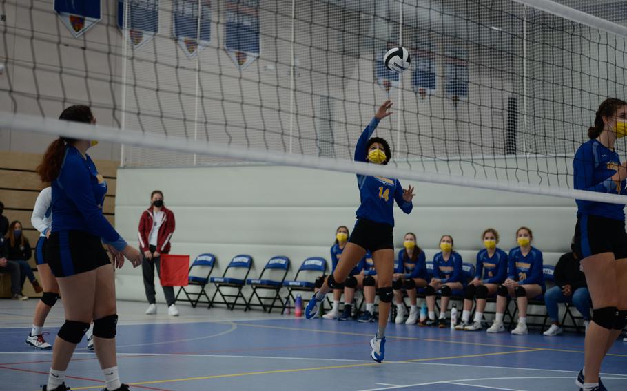 Wiesbaden's Alynna Palacios counters a shot from the Lakenheath Lancers during the DoDEA Volleyball Tournament  at Ramstein Air Base, Germany, Oct. 29, 2021. 