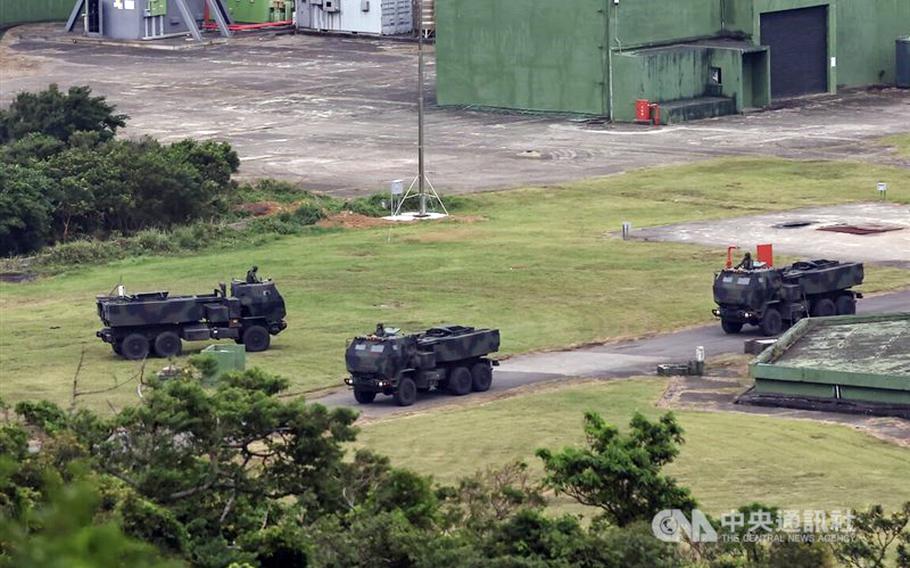 This image from the state-run Central News Agency shows Taiwan's military preparing to fire a U.S.-supplied High Mobility Artillery Rocket System, or HIMARS, for the first time on May 12, 2025.