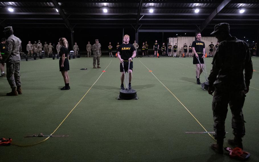 Soldiers perform the Army combat fitness test June 4, 2022, at Fort Knox, Ky. Troops who score high on the Army’s fitness test could soon be exempt from the tape measure for proper height and weight balance, the service’s top enlisted soldier said this week.