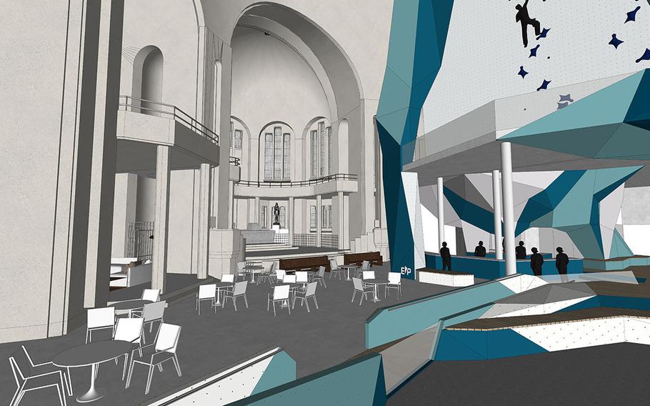 Plans for the redevelopment of the Church of the Sacred Heart in Liege, Belgium, show a climbing wall and a seating area.