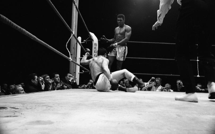 European champion Karl Mildenberger of Germany is down after a crisp left hook to the jaw from defending world heavyweight champion Muhammad Ali. The drop came in the eighth round of a scheduled 15-round title bout in Frankfurt, Germany on Sept. 10, 1966. 