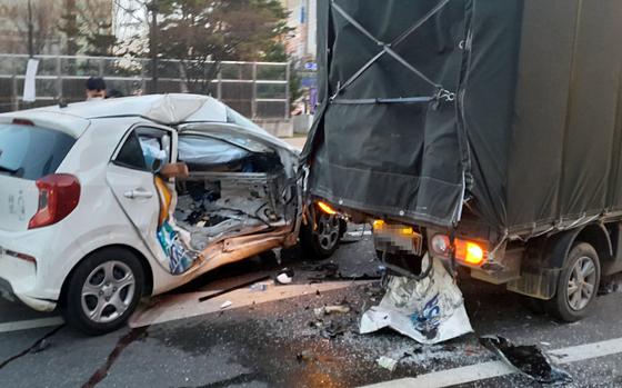 Police say a U.S. service member was extracted from this stolen vehicle after it crashed in Goyang city, South Korea, March 31, 2024. 