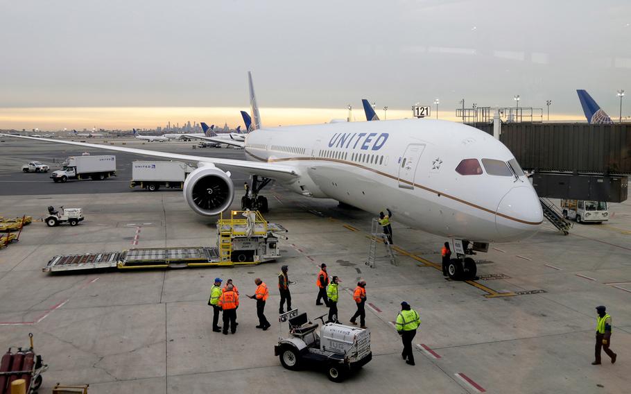 A Dreamliner 787-10 arriving from Los Angeles pulls up to a gate at Newark Liberty International Airport in Newark, N.J., Monday, Jan. 7, 2019.