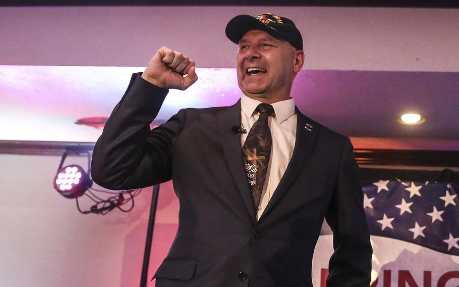 Pennsylvania State Sen. Doug Mastriano celebrates his victory in the Republican primary for governor in Chambersburg. Mastriano, appeared during his time on the faculty of the Army War College in an official photograph while wearing a Civil War Confederate Army uniform.