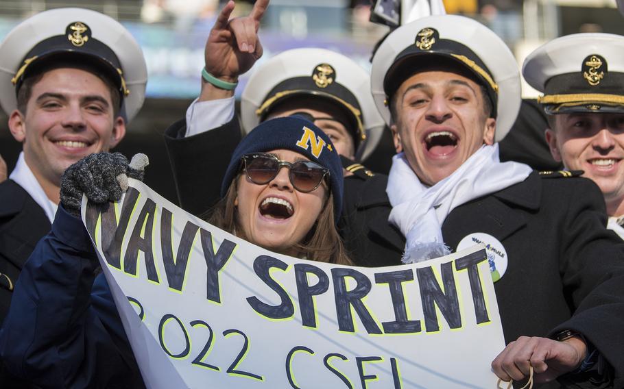 Navy Academy Midshipman celebrate in the stands before the start of the annual Army-Navy football game played at Philadelphia’s Lincoln Financial Field stadium on Saturday, Dec. 10, 2022. Army beat Navy 20-17 in double overtime.