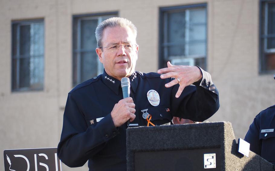 Los Angeles Police Department Chief Michel Moore speaks at a rally in Los Angeles, Calif., to end gun violence on July 13, 2018. 