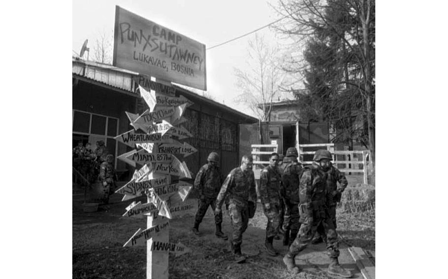 A sign that says “Camp Punxsutawney Lukavac, Bosnia”