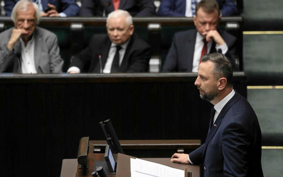 Poland defense minister Wladyslaw Kosiniak-Kamysz speaks at Parliament in Warsaw, May 22, 2024.