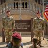 Lt. Gen. Michael Kurilla, Commanding General of XVIII Airborne Corps and Fort Bragg, stands with Command Sgt. Maj. Thomas Holland during his assumption of responsibility ceremony in front of the XVIII Airborne Corps Headquarters in Fort Bragg, NC, on June 2, 2020.