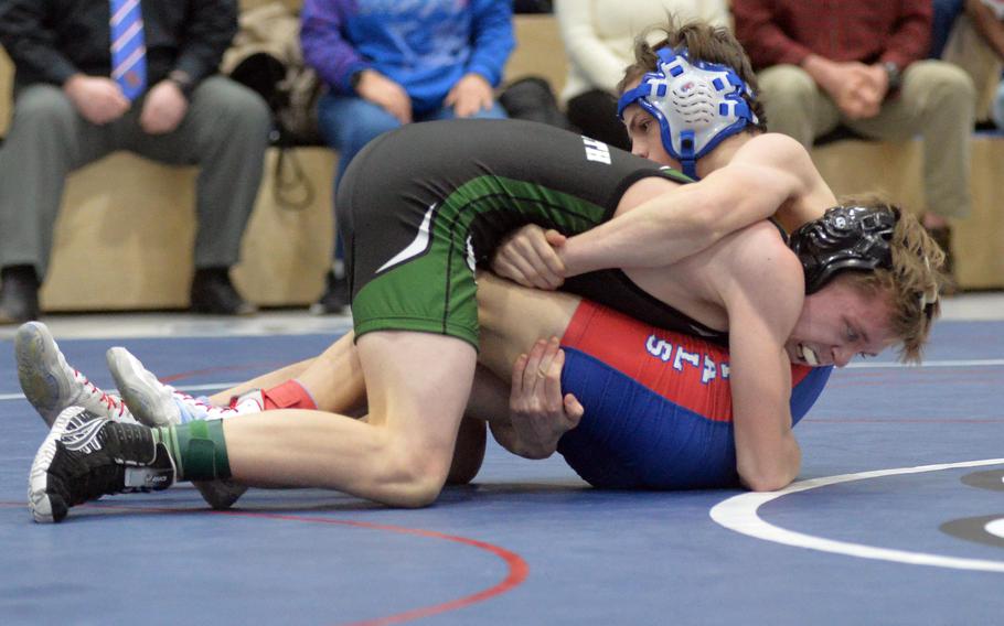 AFNORTH’s Casey Matthews beat Ramstein’s Jaden Andrew in the 120-pound final at the high school 2022 Wrestling Tournament in Ramstein, Germany, Feb. 12, 2022.