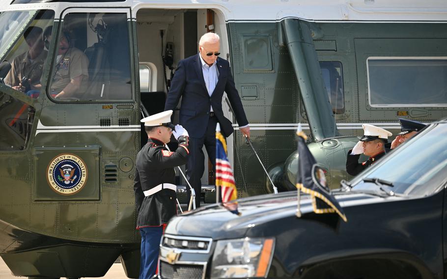 President Joe Biden steps off Marine One upon arrival at Delaware Air National Guard Base in New Castle, Del., on Tuesday, April 30, 2024.