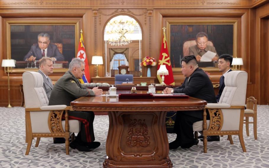 This photo from the state-run Korean Central News Agency shows Russian Defense Minister Sergei Shoigu meeting with North Korean leader Kim Jong Un in Pyongyang, July 27, 2023.
