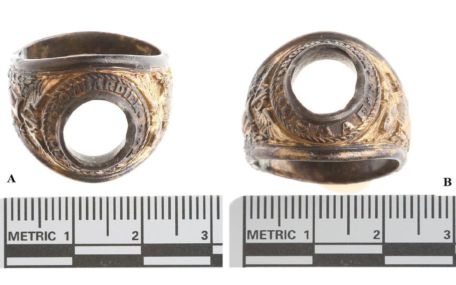 Two views of a ring on top of a ruler.