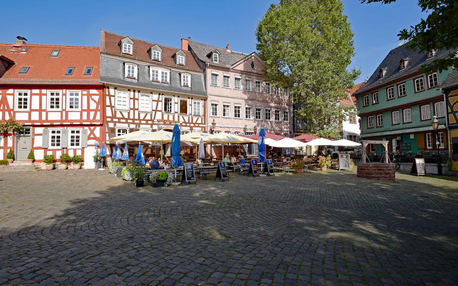 The cobblestone Schlossplatz at the foot of the Hoechst Palace is lined with old half-timbered houses containing popular restaurants.
