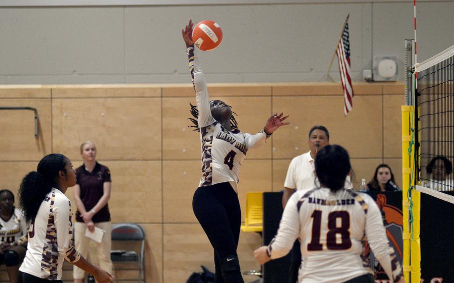 Baumholder middle hitter Bella Anku stretches for a spike during a scrimmage on Sept. 1, 2023, at Spangdahlem High School in Spangdahlem, Germany.