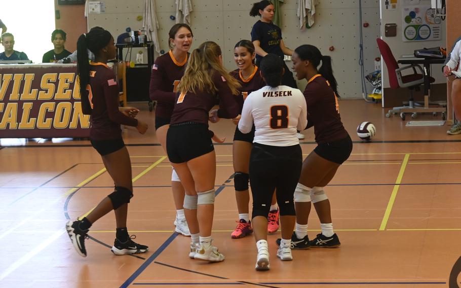 Vilseck celebrates after a point in its scrimmage against Hohenfels at the Vilseck High School gym on Sept. 2, 2023.