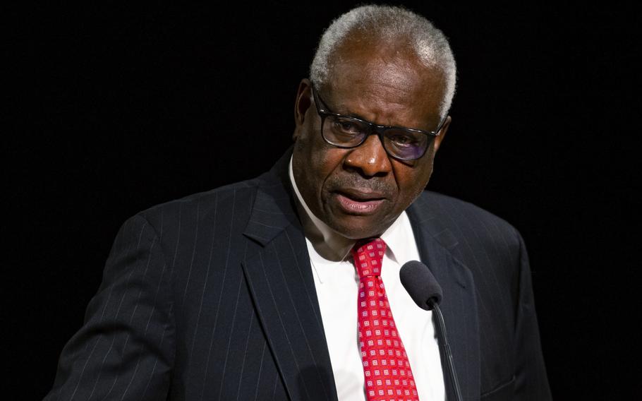 Supreme Court Justice Clarence Thomas speaks Sept. 16, 2021, at the University of Notre Dame in South Bend, Ind. Thomas says the Supreme Court has been changed by the leak of a draft opinion in May 2022. 