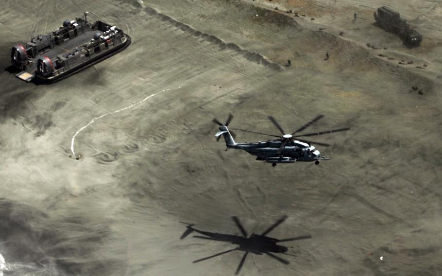 A U.S. Navy hovercraft delivers a U.S. Army Patriot air-defense system to a beach in Appari, Philippines, during the annual Balikatan exercise, March 28, 2022.