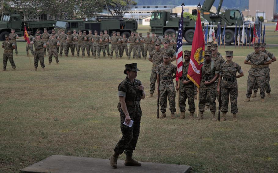 U.S. Marine Corps Lt. Col. Gideon Grissett, commanding officer (CO) of Marine Wing Support Squadron (MWSS) 174, gives CO remarks during an activation ceremony at Marine Corps Base Hawaii, Nov. 8, 2021. 