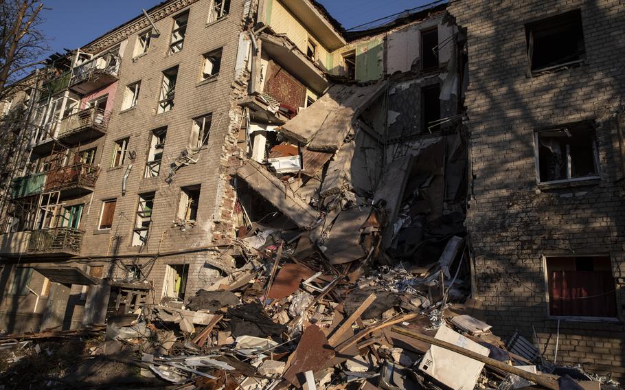 A damaged apartment building after it was hit by a Russian rocket strike in the eastern Ukrainian city of Bakhmut in the Donbas region on Aug. 29, 2023.