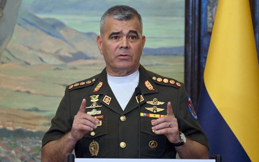 Venezuelan Defense Minister Vladimir Padrino Lopez makes a statement.