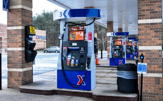 This photo, taken Jan. 14, 2015, at the Fort Belvoir, Va., Express, shows where drivers with disabilities can press the blue FuelCall button to receive assistance from a store associate with refueling. The Department of Defense authorized $1.12 million to install FuelCall assistance systems at military service stations on 370 Army, Air Force, Navy and Marine Corps installations worldwide. (Photo by Frank Marquez / Army & Air Force Exchange Service)